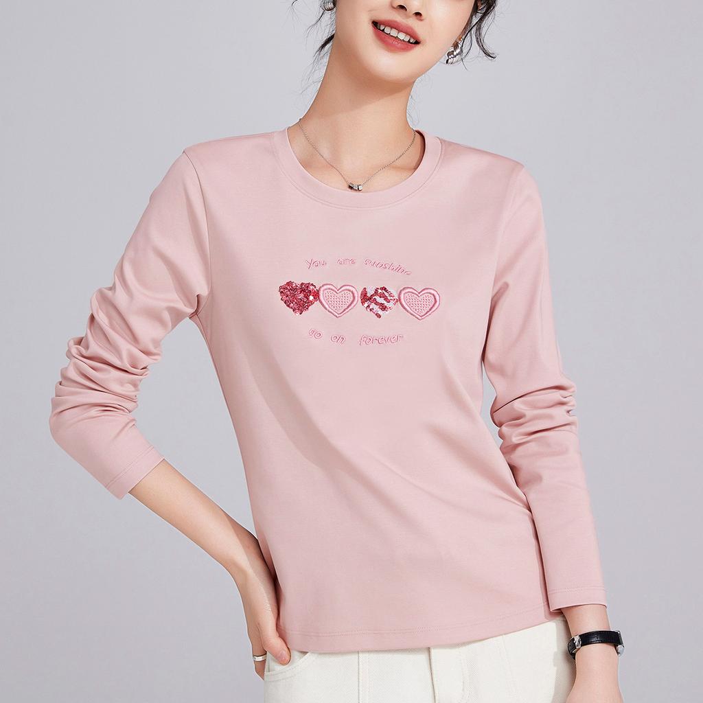 Mercerized Cotton Long-sleeved Women's Autumn New Love Embroidery Casual Loose and Thin Large-size Top