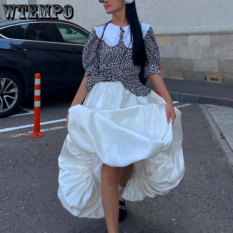 WTEMPO Beige Black Satin Silk Loose Skirts for Women Elegant High Waist Office Lady Solid Casual Ankle-Length Skirts