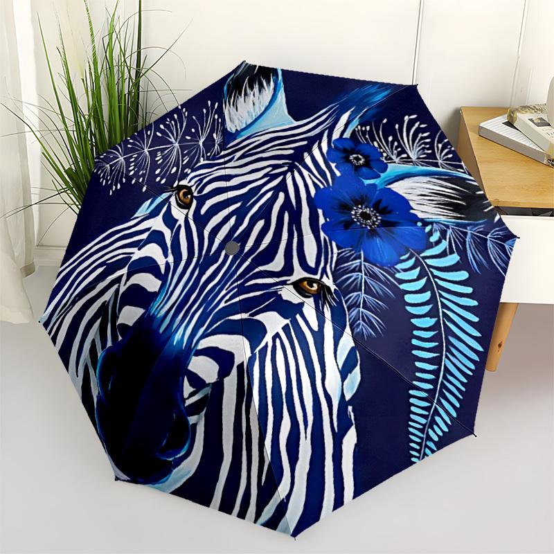 1pc Blue Zebra Floral Automatic Open/Close Umbrella 8-Rib Strong Frame, Portable Travel Umbrella for Women & Men, Birthday Gift Parties 014