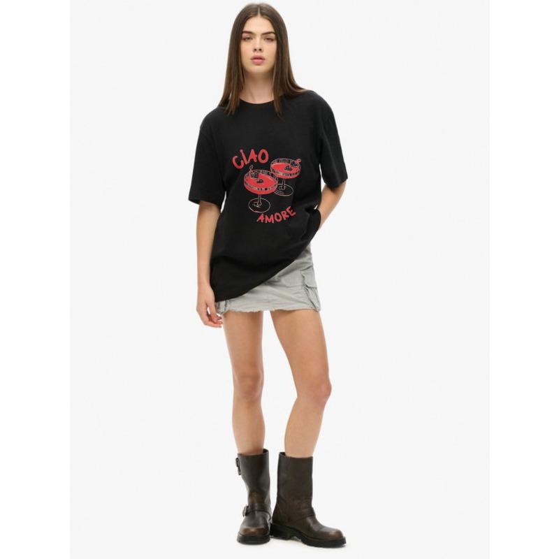 T-shirt da donna a maniche corte con stampa retrò rossa "CIAO AMORE" Cocktail & Cuore