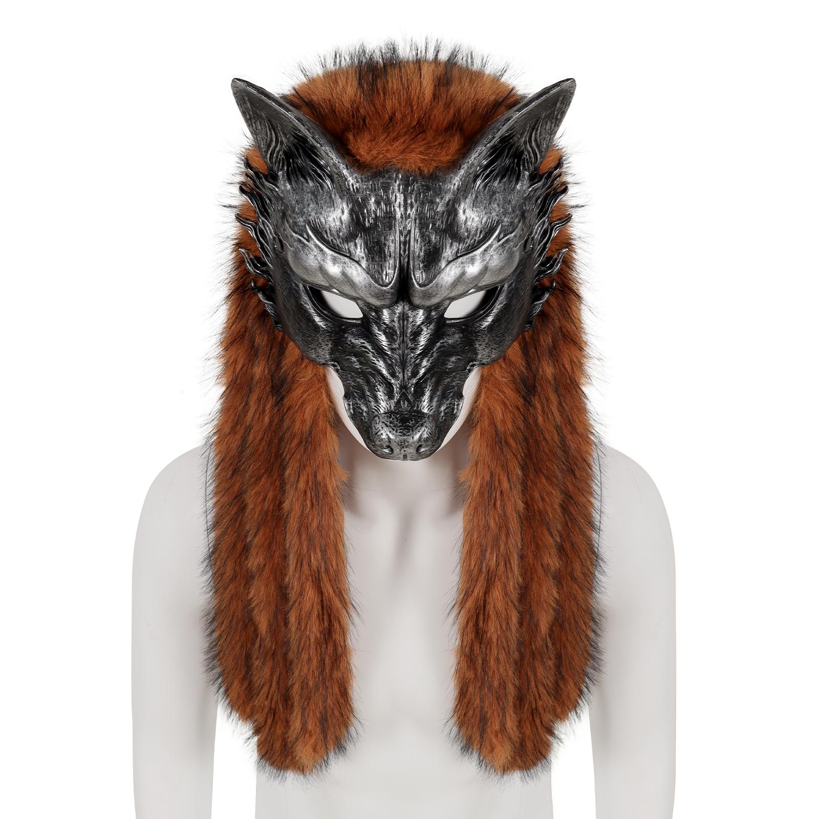 

Viking Wolf Mask Faux Fur Headdress Werewolf Barbarian For Halloween Cosplay Costume Accessories