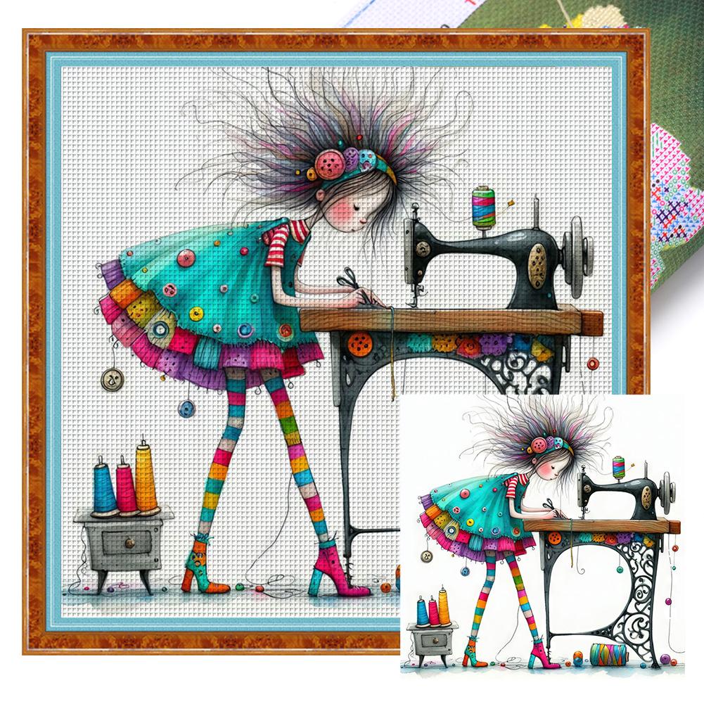 Full Embroidery Eco-cotton Thread 11CT Printed Line Girl Cat Cross Stitch Kit Artwork 40x40cm/ 45x45cm Home Docor for Friend