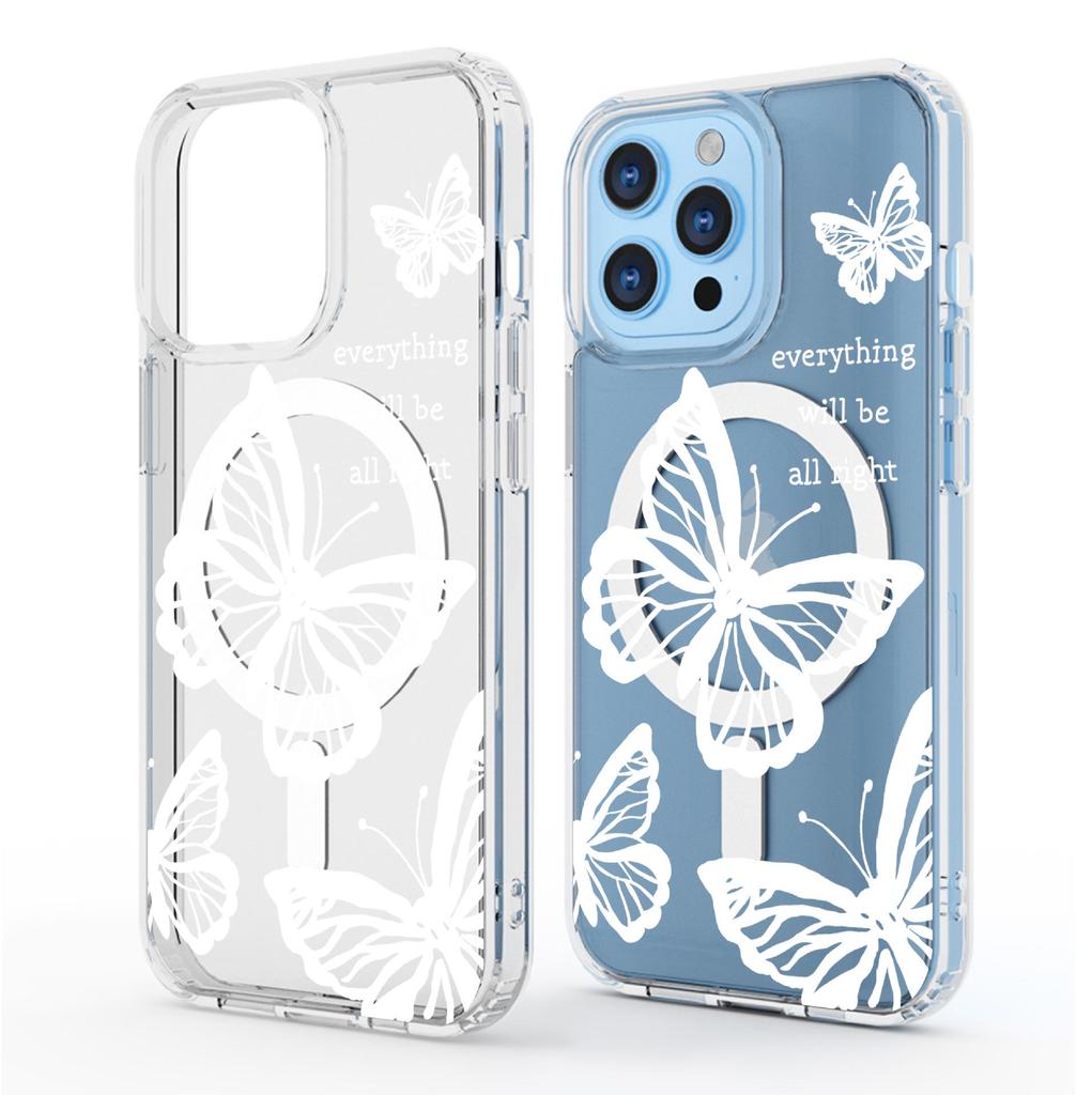 White Butterfly Magnetic Case for iPhone 15/16/17 Pro Max - Transparent Full Coverage Protection