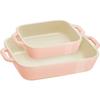 "Set of 2 Rectangular Dishes (14x11cm / 20x16cm) In Macaron Pink" Ceramic Gratin Dish Set, Oven and Microwave Safe [Official Japanese Product] D