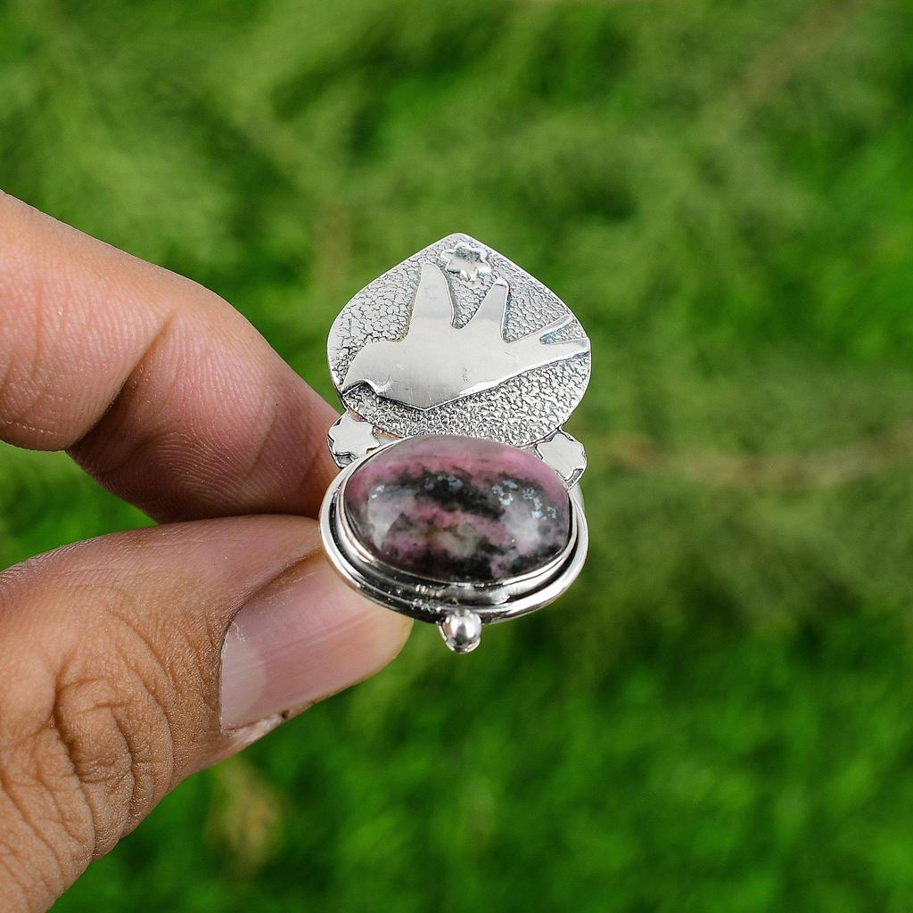 Womens day Deal Natural Rhodonite 925 Silver Stackable Bird Elegant Ring Jewelry