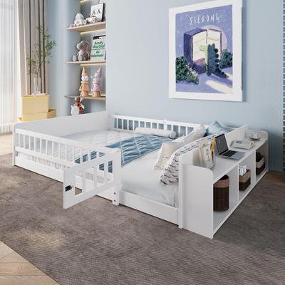 Children's Bed Floor Bed 140x200 Fall Protection Slatted Frame Openable Fence Montessori Storage Shelves Wooden Frame Youth Bed Up To 200kg