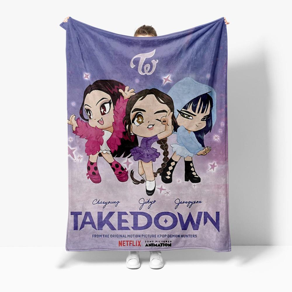 Cartoon K Pop Demon Hunters Flannel Blanket Cover Warmth Winter Blanket Multifunctional Decorative Universal Blankets