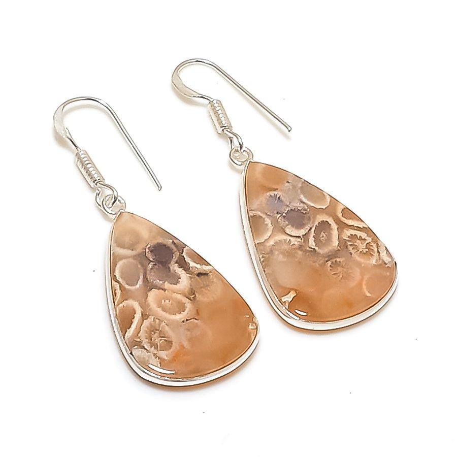 Natural Fossil Coral Gemstone 925 Sterling Silver Jewelry Earring 1.85 AE-12112
