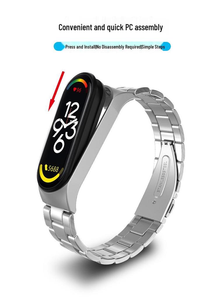 Xiaomi Band 7 Compatible Three-Bead Solid Stainless Steel Wristband Strap