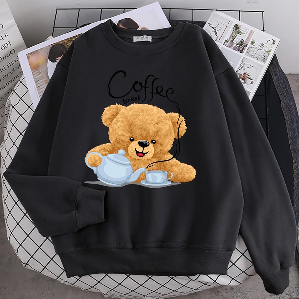 Street Casual Womens Sweatshirt Coffee Break Teddy Bear Making Coffee Print Hoodies Loose Soft Pullovers Crewneck Clothes