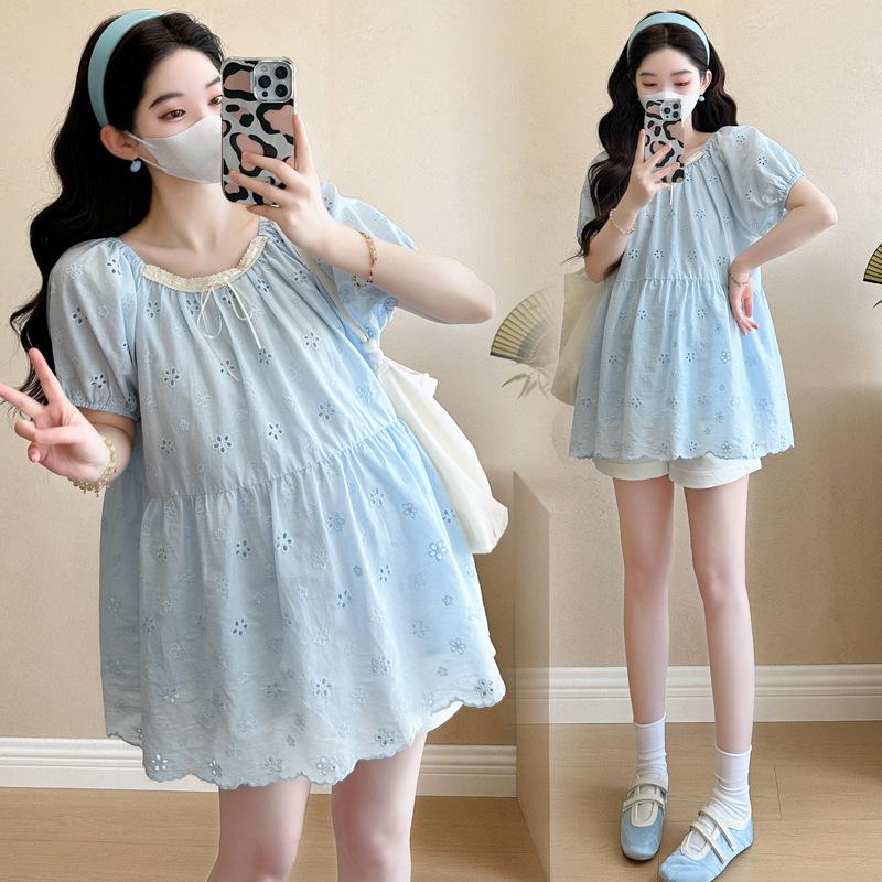 2026 Summer Maternity French Lace Embroidered Top + Belly Support Shorts 2XL