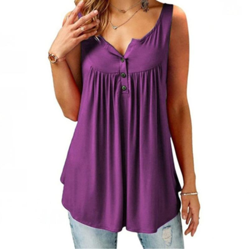Canotta Estiva da Donna Senza Maniche Casual Tinta Unita Pieghettata Tunica Henley con Bottoni Larga e Fluida Blusa Lunga Taglie Forti