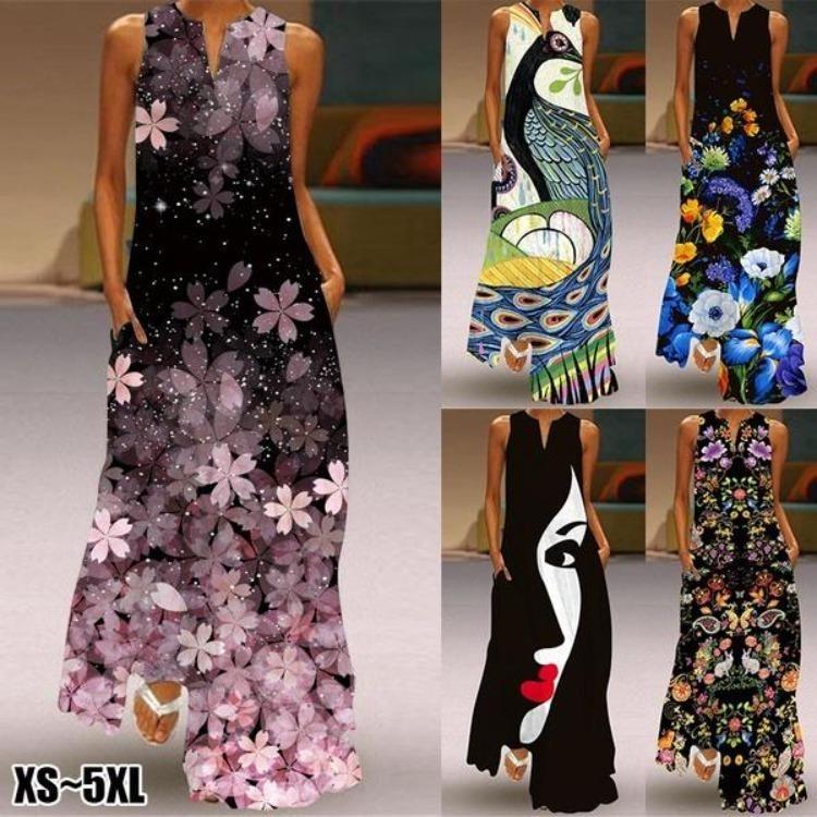 Abito Estivo da Festa in Spiaggia Moda Stampa Bohemien Lungo Maxi Scollo a V Senza Maniche Donna