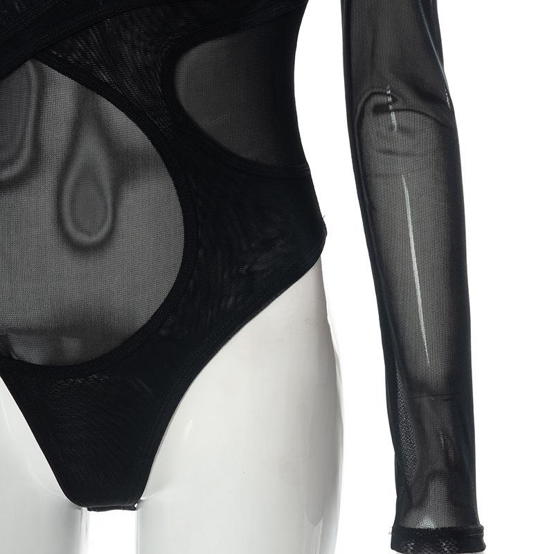 High Street Sexy Transparent Slim Bodysuits Women Skinny Fashion Patchwork Basic One Piece Elegant Bodysuits Solid Party Clothes