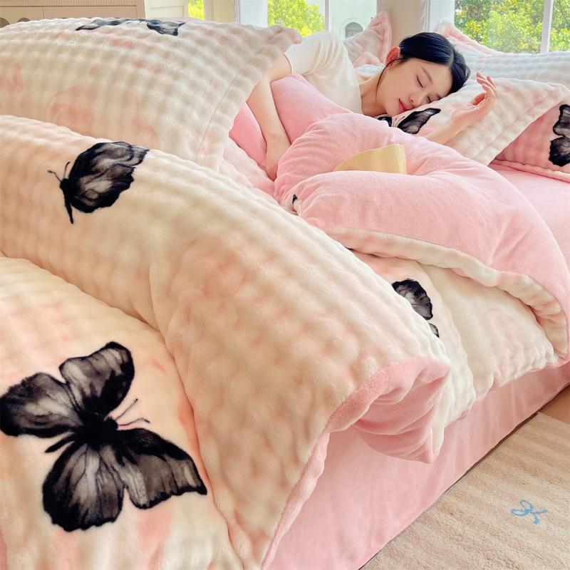 

2025 new winter thickened printed rabbit hair milk bubble fleece four-piece set household warm cute four-piece set 1.2m sheet 3pcs