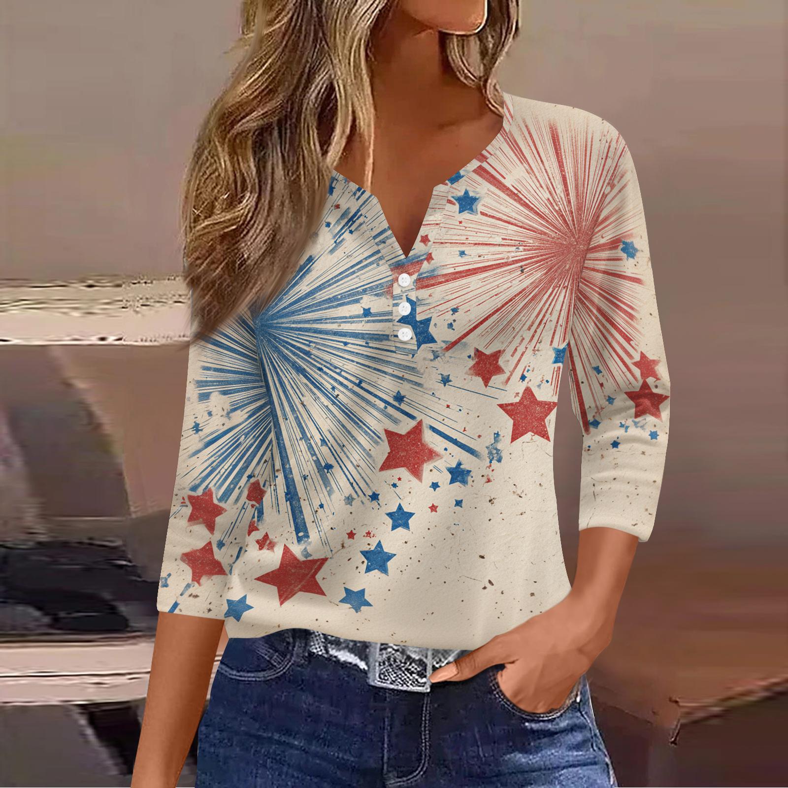 

Женская модная повседневная рабочая рубашка с принтом американского флага и звезд к Дню независимости, с V-образным вырезом, короткими рукавами, разрезами по бокам и карманами XXL