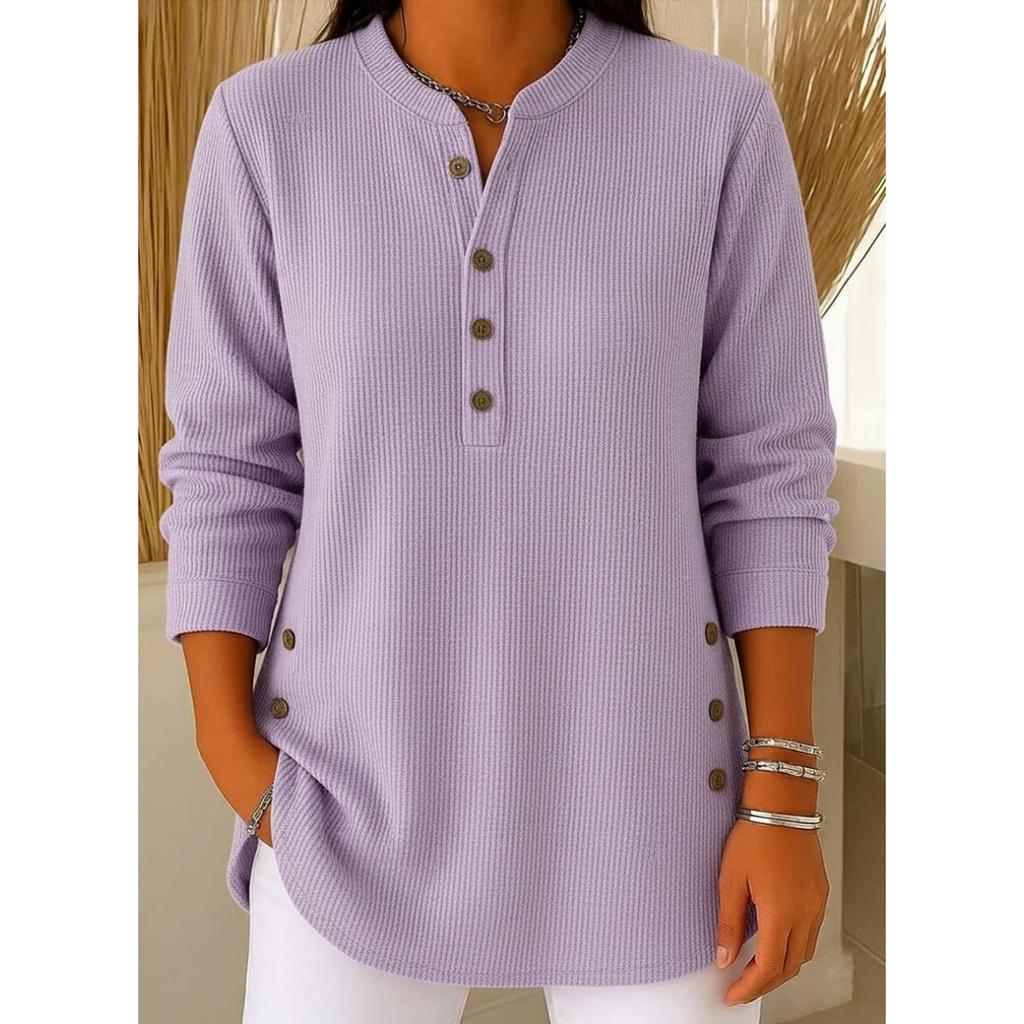 2025 Autumn Winter New Women's Solid Color Loose V-Neck Button Long Sleeve Casual T-Shirt Top for Europe America