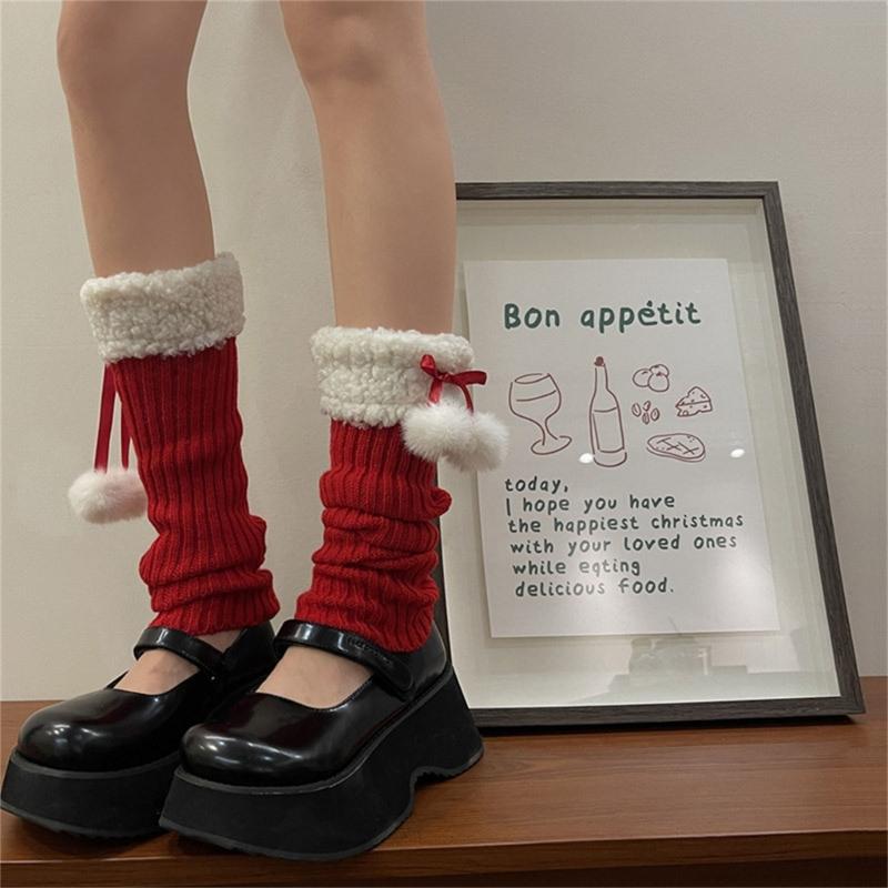 Women Winter Ribbed Knit Leg Warmer Stockings Y2K Harajuku Furry Trim Plush Ball Bow Christmas Leg Cover Long Boot Socks