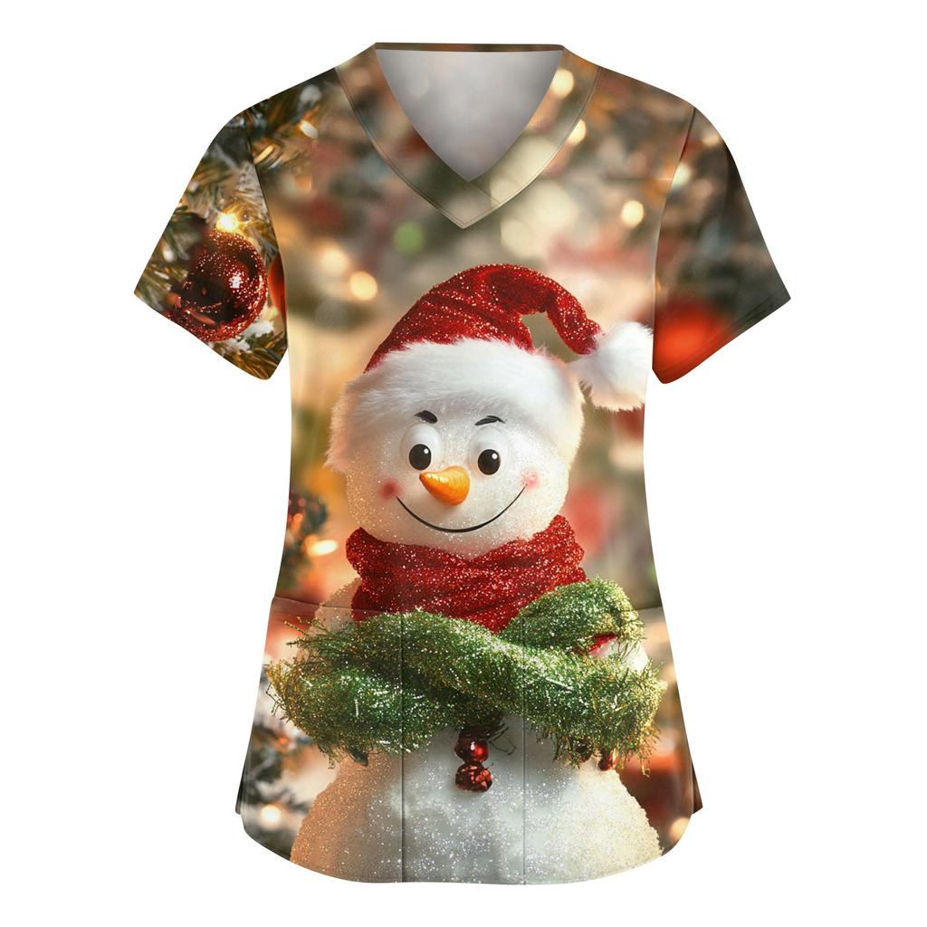 Damen Modische V-Ausschnitt Arbeitskleidung Weihnachten Bedruckt Kurzärmlig Tasche Seitenschlitz Arbeitskleidung Basic Pullover Top