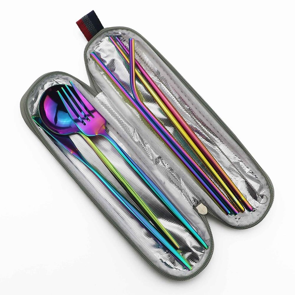 8pc Portable Shiny Gold Travel Flatware Set With Portable Blue Bag Stainless Steel Dinnerware Set Spoon Fork Knife Cutlery Set With Chopsticks Straws