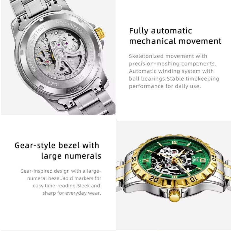 Men's Automatic Mechanical Watch, 44mm Skeleton Hollow Dial Luminous Hands 30M Waterproof Stainless Steel Business Wrist Watch