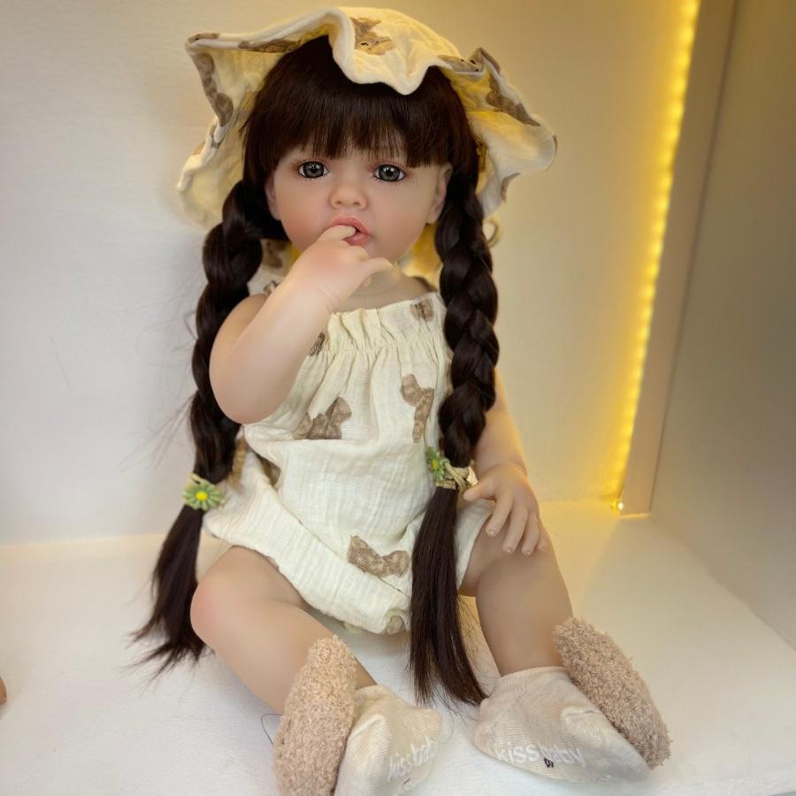 BZDOLL 55 CM 22 Inch Realistic Full Vinyl Body Brown Long Hair Lifelike Reborn Baby Girl Doll Toy Princess Toddler Bebe