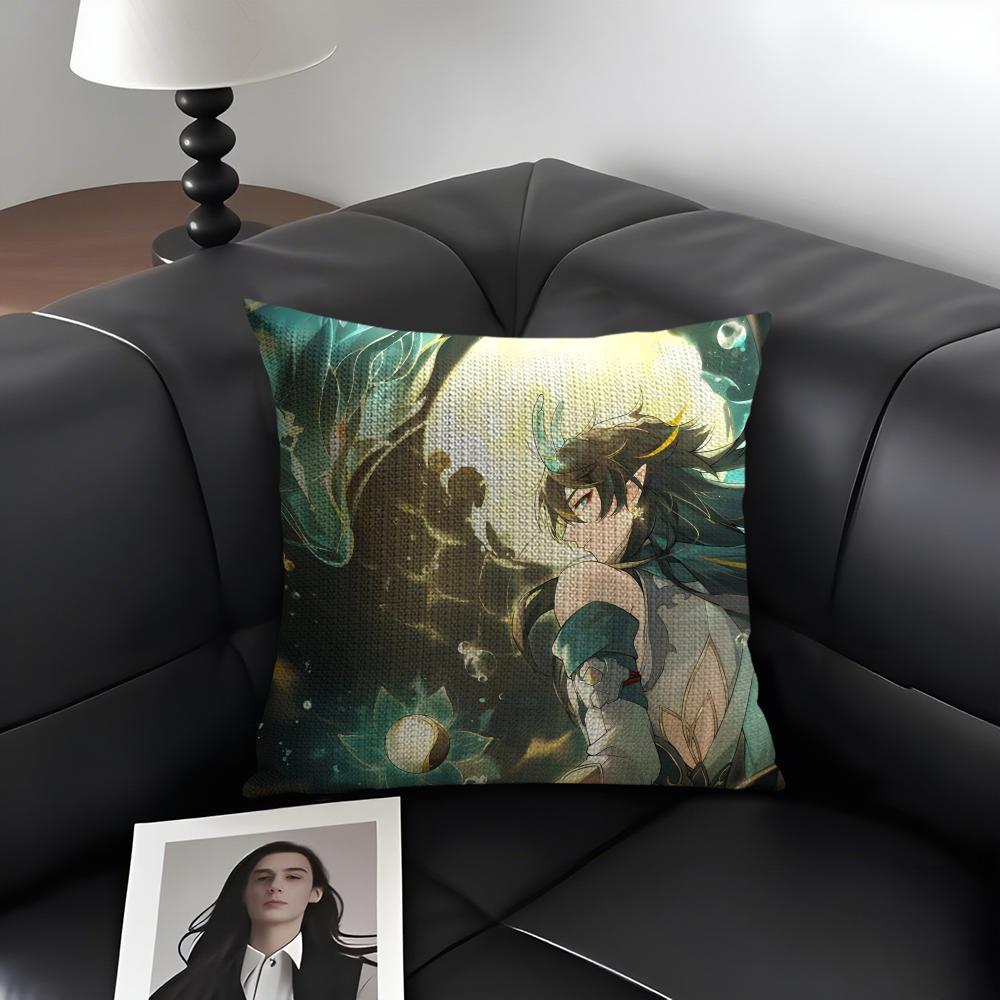HHonkai StarR Rail Dan Heng Cushion Cover Natural Linen Organic Fabric DoubleSided Printing Sofa Home Decor Gift Pillow Case