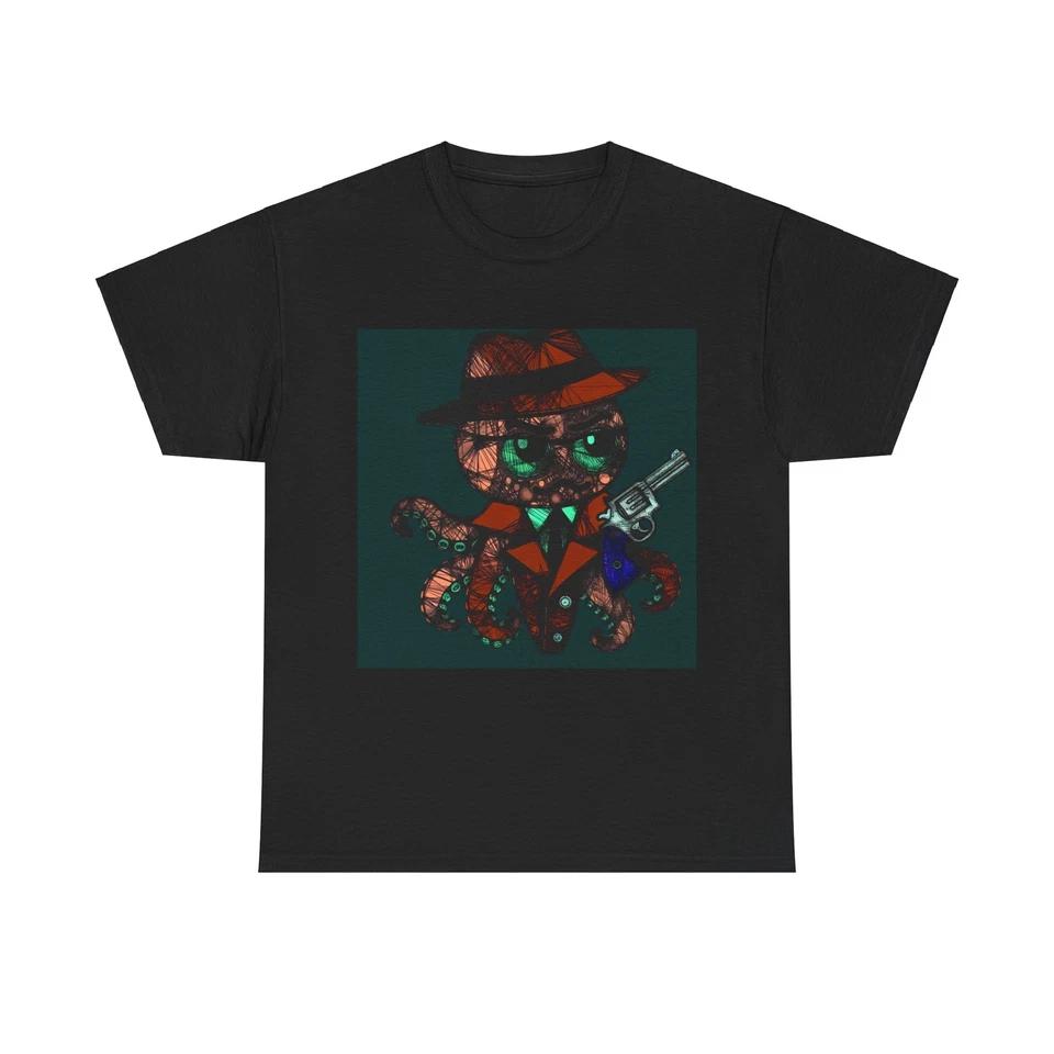 

Unisex Adult T Shirt Octopus Detective Vintage Style Revolver 2XL
