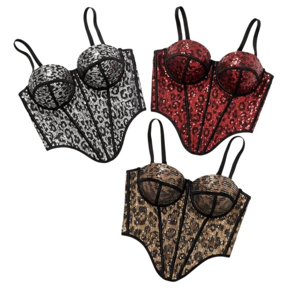 Slim Fit Sequin Leopard Corset with Buckle Crop Tops Fashion Suspender Vest Ladies