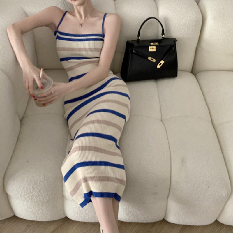 Striped Knit Tank Dress: Summer Waist-Hugging Mid-Length Sleeveless Dress for Women.