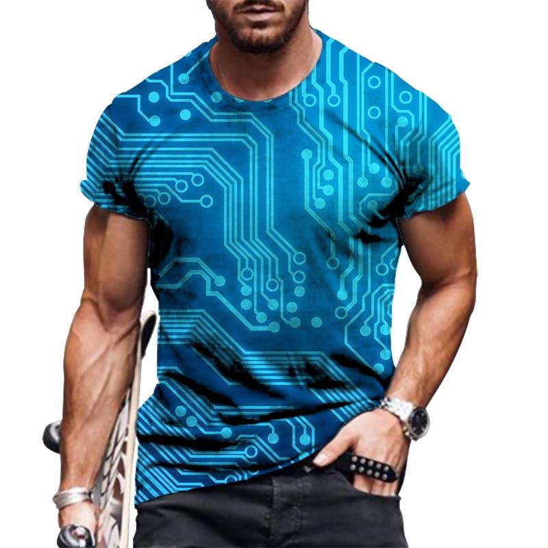 Summer Round Neck 3D Circuit Board Print T-shirts Fashionable Casual Short Sleeved Men's T-shirts