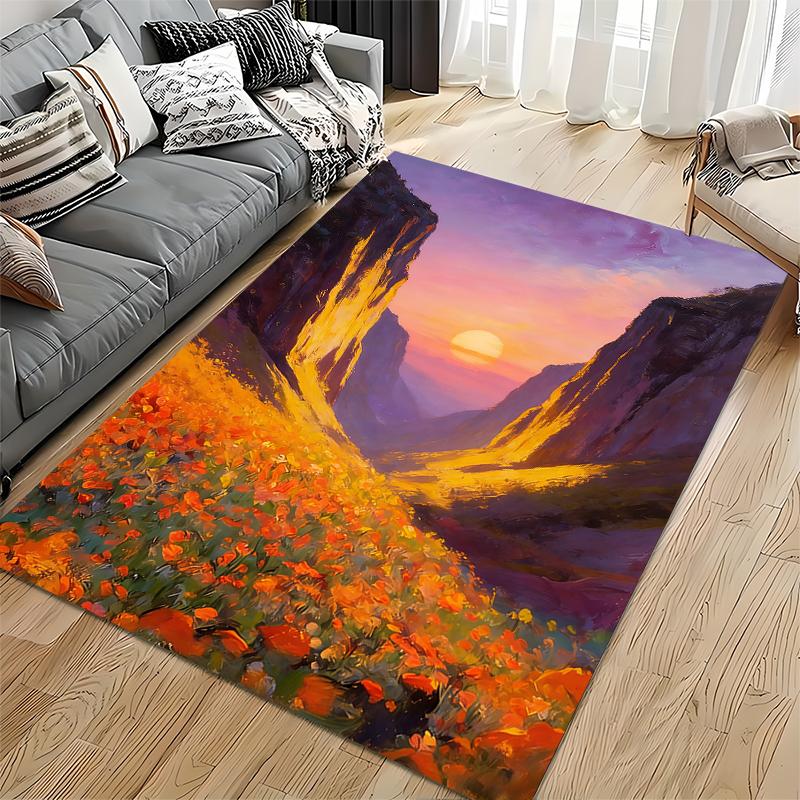 Sunset Landscape Carpet with Orange Flowers and Mountain View Design Suitable for Use As an Anti-slip for Living Room Bedroom Sofas
