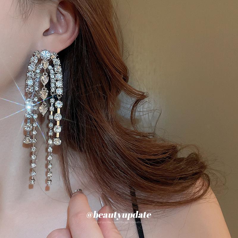 Silver Needle Long Chain Tassel Earrings - European American High-End Luxury Design Ear Drops