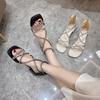 2025 new rhinestone sandals women's high heel winding strap one-word sandals women's Roman shoes light luxury sandals