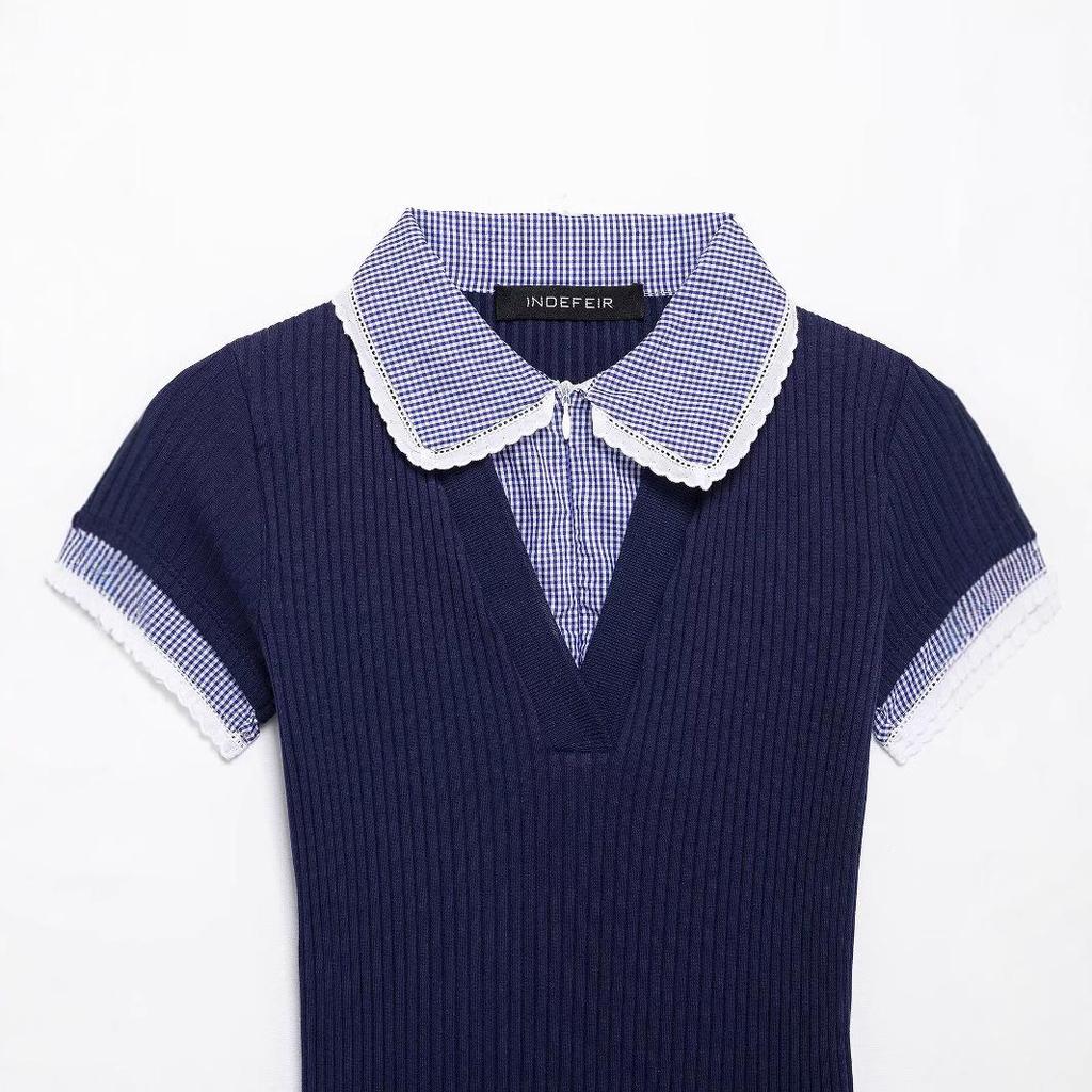 2025 European & American Style Women's Spring Ribbed T-Shirt with Turn-Down Collar