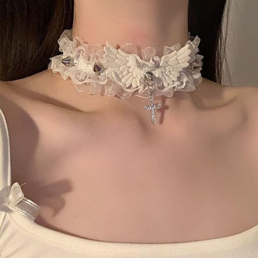 Lace Angel Wing Necklace Rhinestone Cross Lolita Necklace Black White Y2K Necklace Vintage Punk