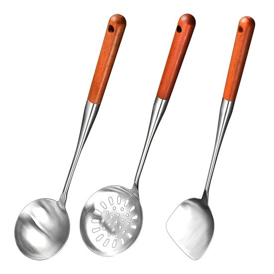 Stainless Steel Ladle Strainer Scoop with Wooden Handle Frying Skimmer Kitchen Spatula Cooking Utensil for Noodles Pasta Vegetable