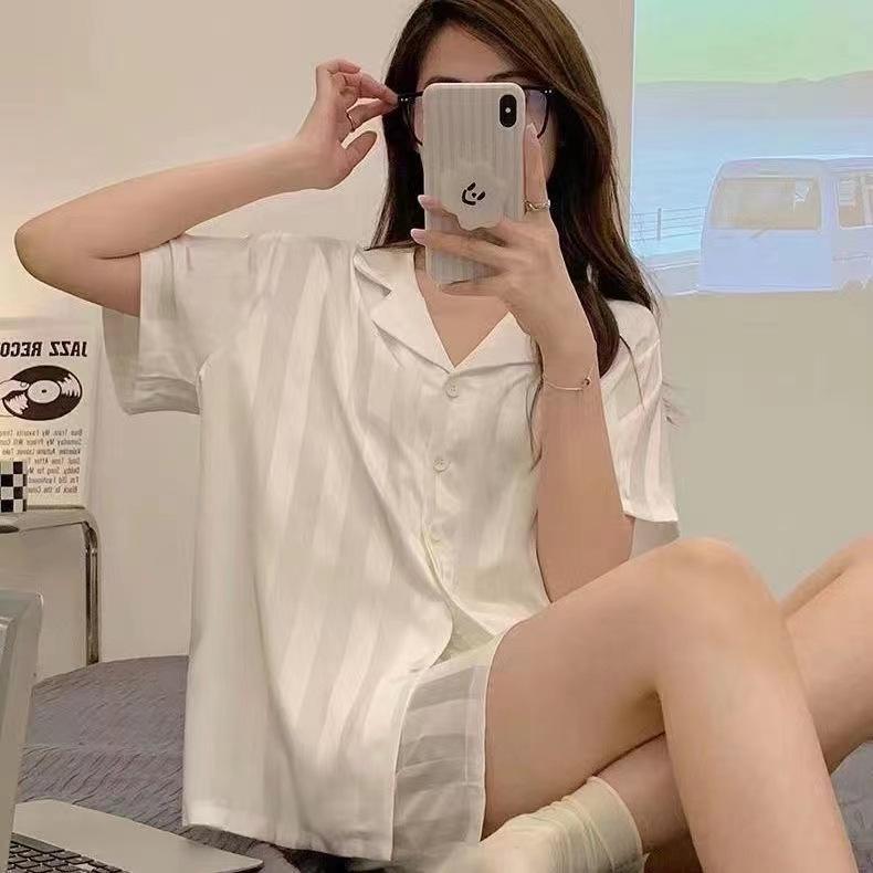 Ice Silk Women's Summer Pajama Set - 2024 Short Sleeve Imitation Silk Two-Piece