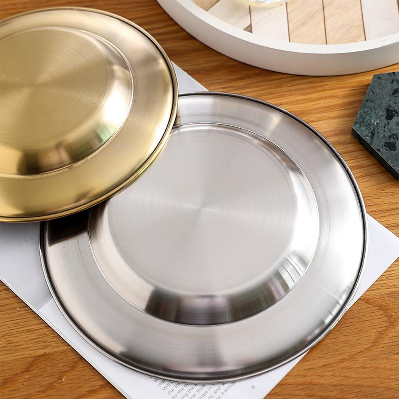 Round Kitchen Bar Tableware Cake And Fruit Snack Salad Plate Kitchen Accessories Stainless Steel Plate Camping Picnic Plate