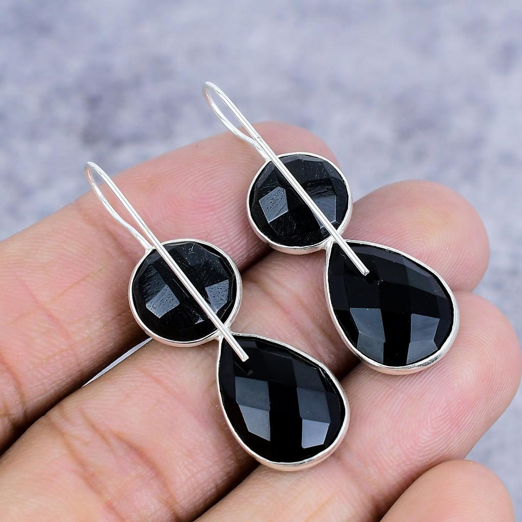 Black Spinel Gemstone Handmade 925 Sterling Silver Jewelry Earring 1.77" M-2627