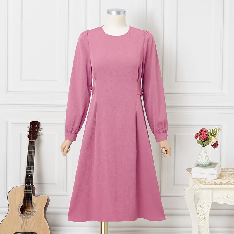 VONDA Women Elegant Round Neck Solid Color Casual Long Sleeve A-line Dress
