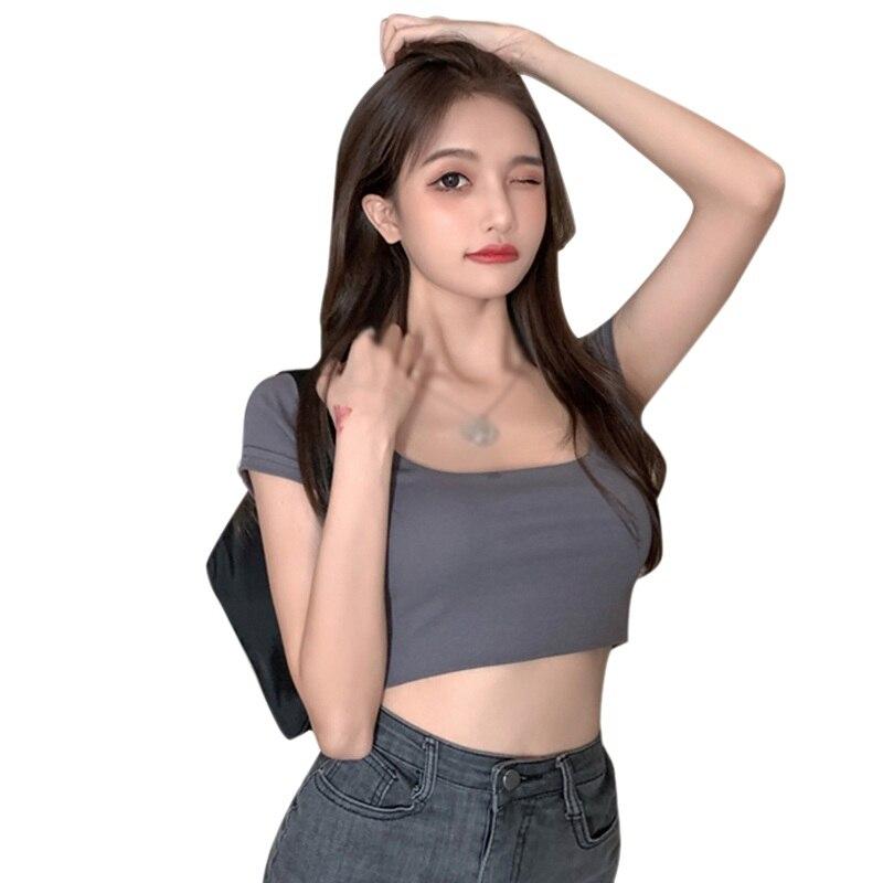 Summer U-neck Short Short-sleeved T-shirt Women's Top Slim Square Neck Crop Top