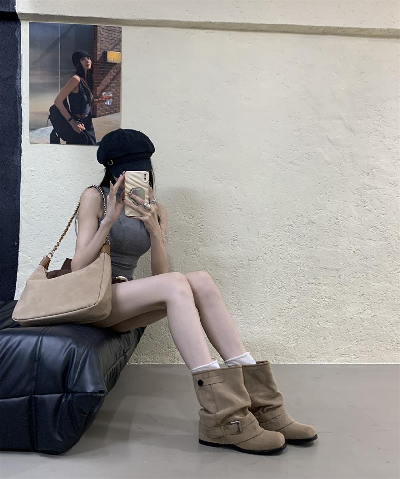 

2025 осень новые западные ковбойские сапоги женские плиссированные с напуском черные с круглым носком ретро толстый каблук сапоги рыцаря женские 39 хаки