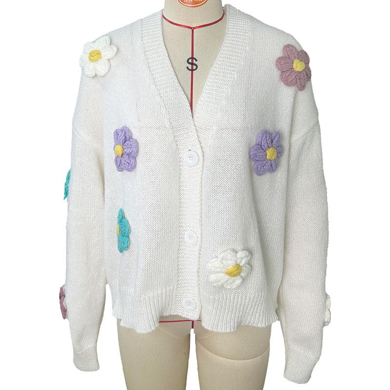 Dam Höst Vinter Söt Stickad Kofta Långärmad Knäppning Lös Varm Tröja Blomtryckt Öppen Framsida Kappa