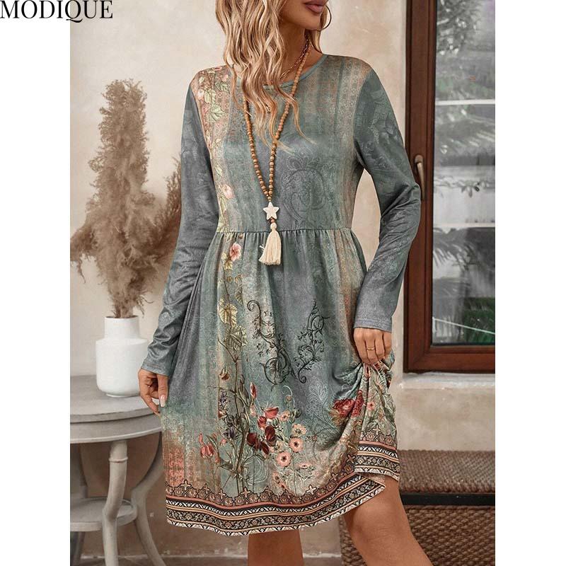 MODIQUE 2025 Summer New Women's Casual Retro Floral Print Gradient Color Short Dress Ladies Loose A-Line Long Sleeve O-Neck Dress