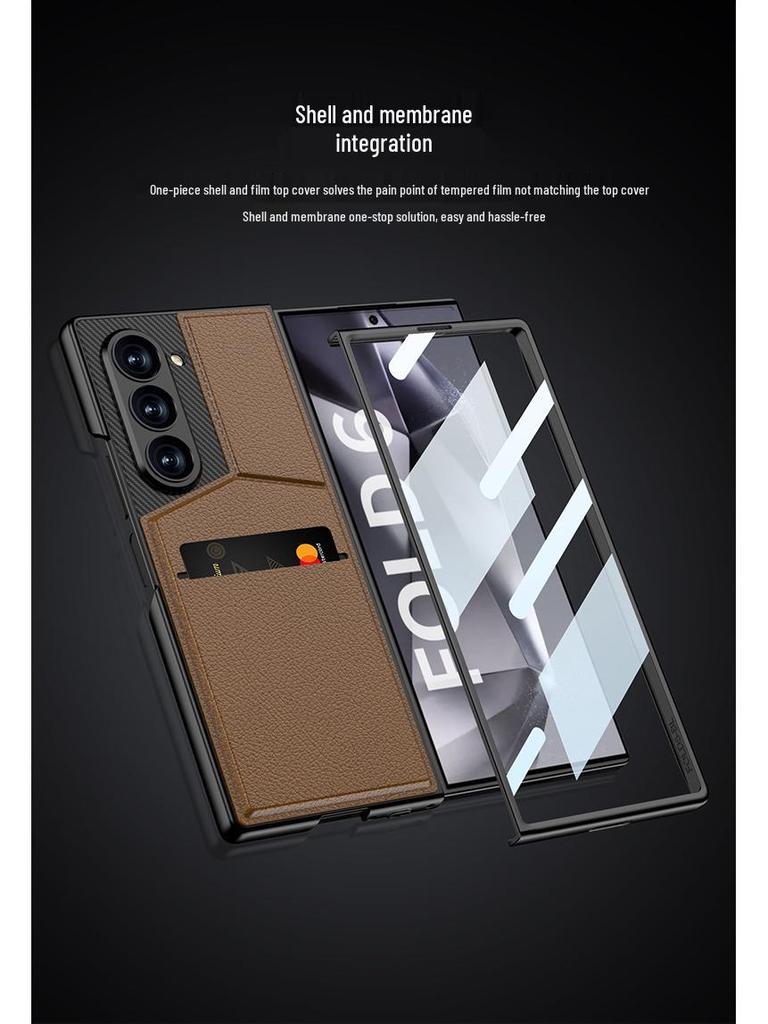 Samsung Z Fold 6 Card Holder Stand Case - Premium Leather with Film Integrated Protection