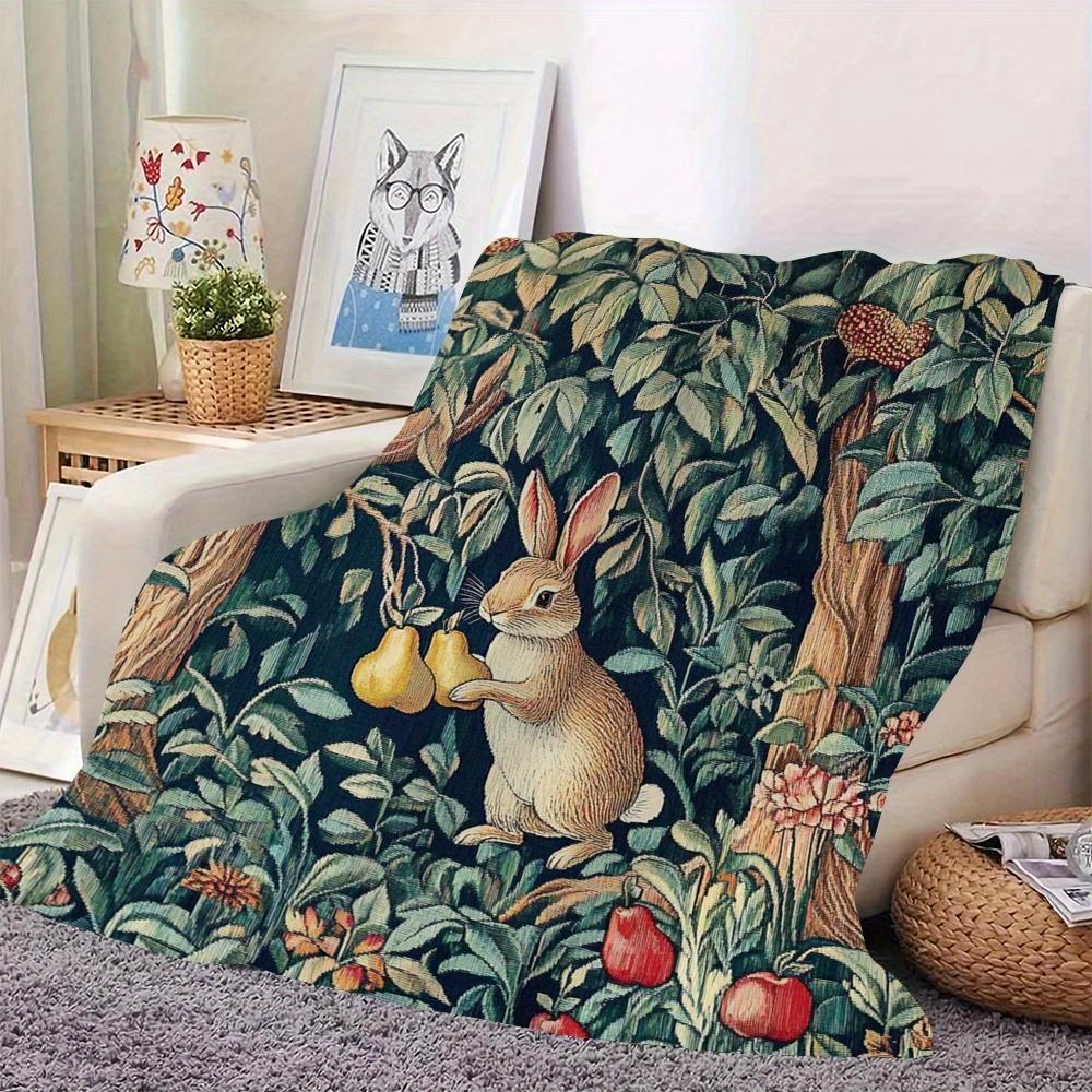 Classic Rabbit and Fruit Pattern Fleece Blanket Botanical Design Soft Warm Throw Boho Interior Decoration Bedding Cover for Home