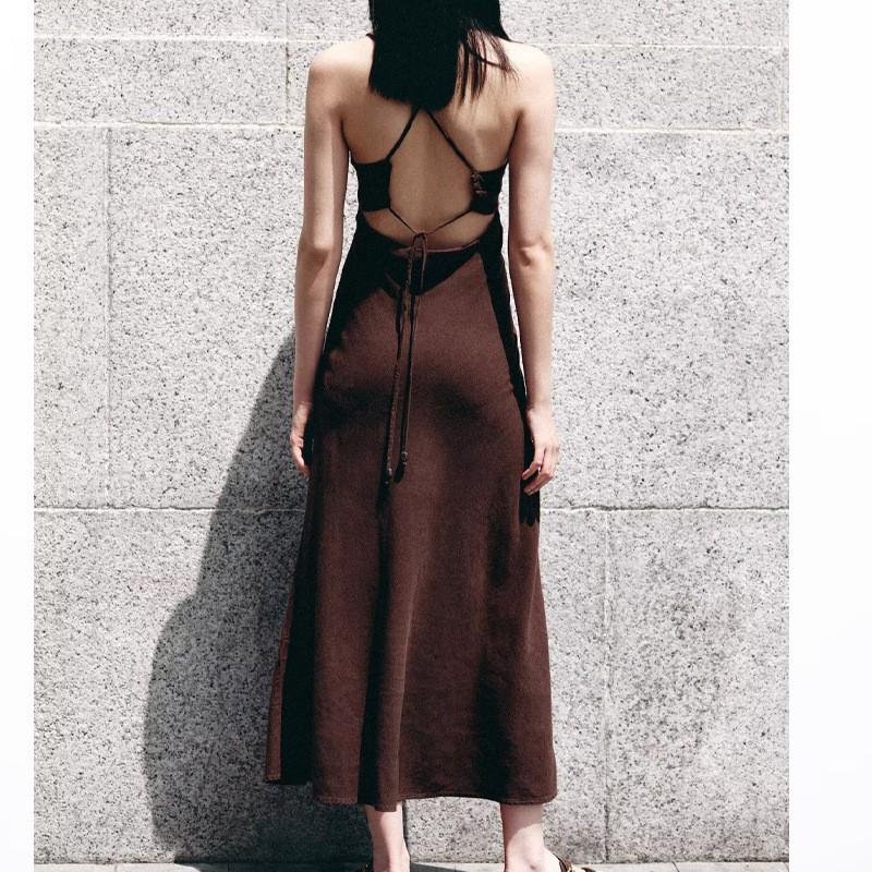 European American Women's Clothing Summer Backless Linen Beaded Suspender Dress
