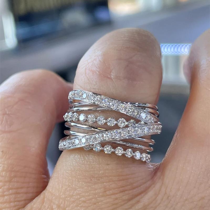 Huitan Trendy Multi-layers Cross Rings for Women Luxury Fashion Wedding Bands Accessories Party Modern Cubic Zirconia Zircon