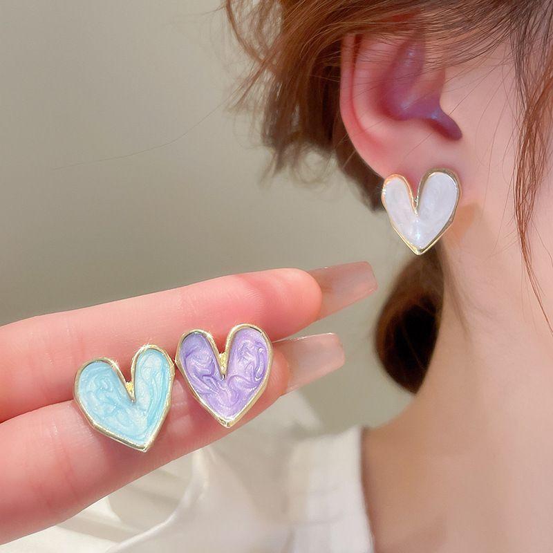 Glitter Enamel Oil Heart Stud Earrings for Women Girls New Fashion Party Golden Color Love Earrings Cute Romantic Zircon Gift